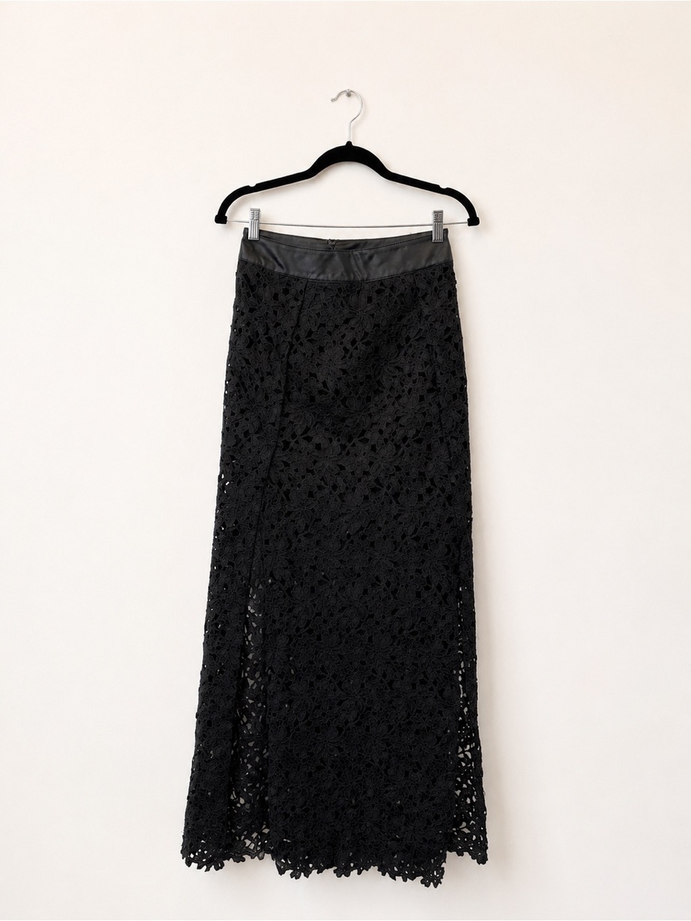 Lamarque Black Floral Lace Maxi Skirt with Faux Leather Waistband
